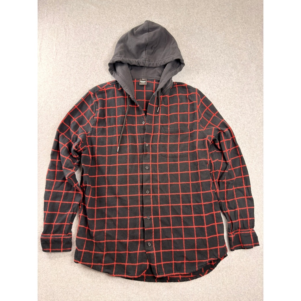 Oakley Mens Hooded Flannel Shirt Large Black Red Grid Pattern Regular Fit 0925
